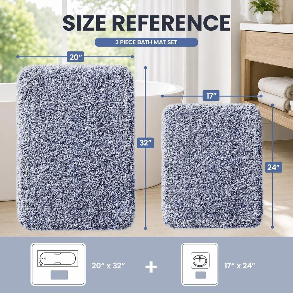 Navy Bathroom Rug Set 2 Piece Soft Plush Bath Mats Non Slip Absorbent Washable